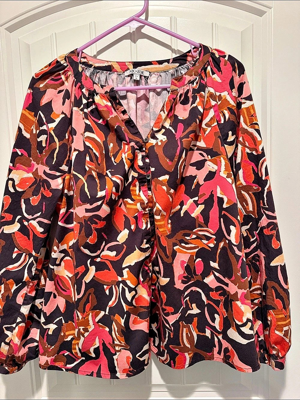 Nic+Zoe Abstract Floral Blouse in Black & Pink Size XL